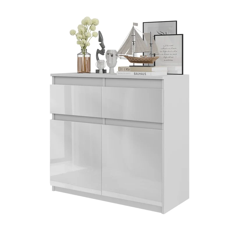 NOAH - Kommode / Sideboard mit 2 Schubladen und 2 Türen - Weiß Matt / Weiß Gloss H75cm B80cm T35cm
